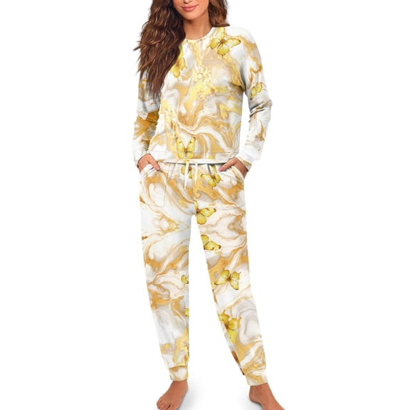 SCRAWLGOD Women's 2 Pieces Pajama Set Soft Round Collar Long Sleeve Sleepwear with Elastic Band Breast-Pocket Loungewear Pjs Sets with Pockets, Marble Print Butterfly Golden White, M