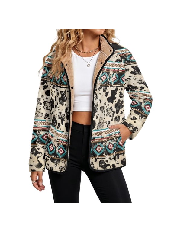 Women's Fleece Jacket Sherpa Lined Outerwear Retro Aztec Cow Print Long Sleeve Fuzzy Shacket, Y2K Streetwear, Side Pockets, Snap Closure, Lapel Collar, for Daliy Going Out, 6X-Large