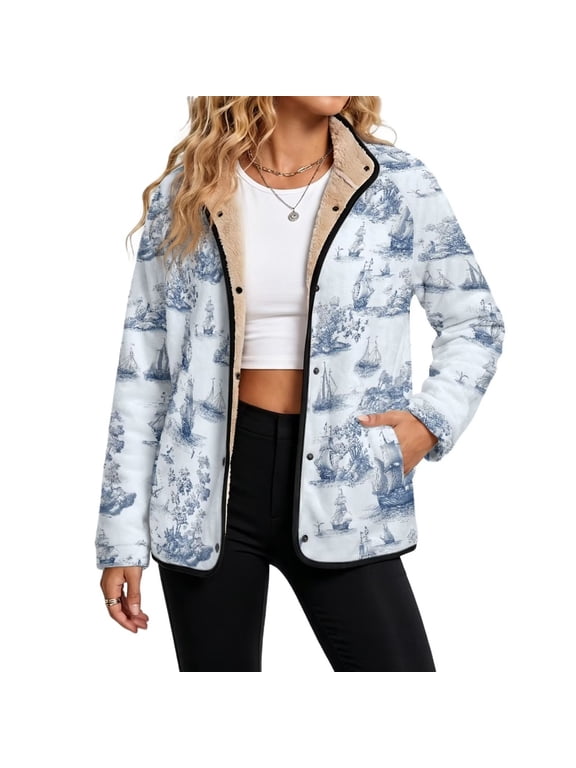 Women's Fleece Jacket Sherpa Lined Outwear Nautical Toile De Jouy Long Sleeve Fuzzy Shacket, Y2K Streetwear, Side Pockets, Snap Closure, Lapel Collar, for Daliy Going Out, 5X-Large
