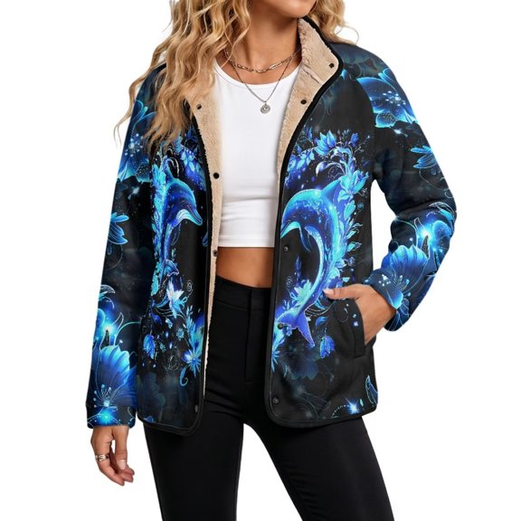 SCRAWLGOD Women's Fuzzy Fleece Jacket Stand Collar Coat Blue Dolphin Floral Trendy Coat Shacket, Snap Closure, Long Sleeve, Fashion Fuzzy Streetwear, Sherpa Lined, for 2026 Winter, 5X-Large