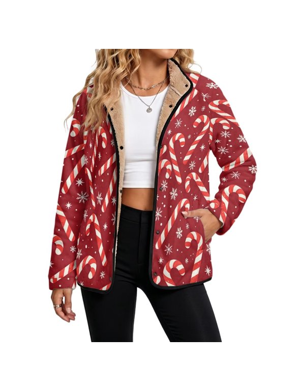 Women's Fuzzy Jacket Coat Sherpa Lined Shacket Snow Candy Cane Red Snap Closure Christmas Outwear Cardigan, Convertible Collar, Sherpa Lined Streetwear, Side Pockets, Loose Fit, Medium