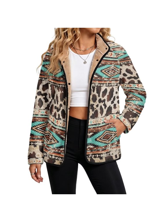 Women's Fuzzy Jacket Coat Warm Shacket Brown Teal Aztec Cowhide Snap Closure Outwear Cardigan, Convertible Collar, Sherpa Lined Streetwear, Side Pockets, Loose Fit, X-Large