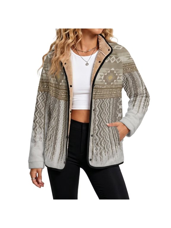 Women's Fuzzy Jacket Stand Collar Coat Western Aztec Boho Tribal Trendy Coat Shacket, Snap Closure, Long Sleeve, Fashion Fuzzy Streetwear, Sherpa Lined, for 2026 Winter, 6X-Large