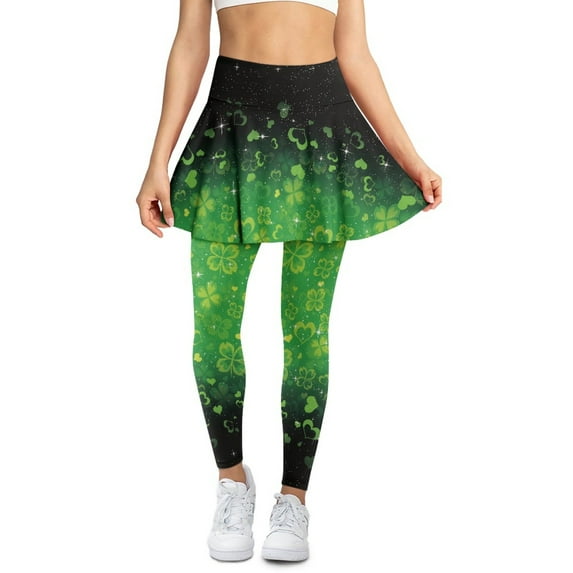 SCRAWLGOD Women's Golf Tennis Leggings with Skirt Moisture-Wicking Comfortable Running Clothes Machine Washable Stretchy Athletic Pickleball Tights, Four Leaf Clover Small Glitter Black Green, S
