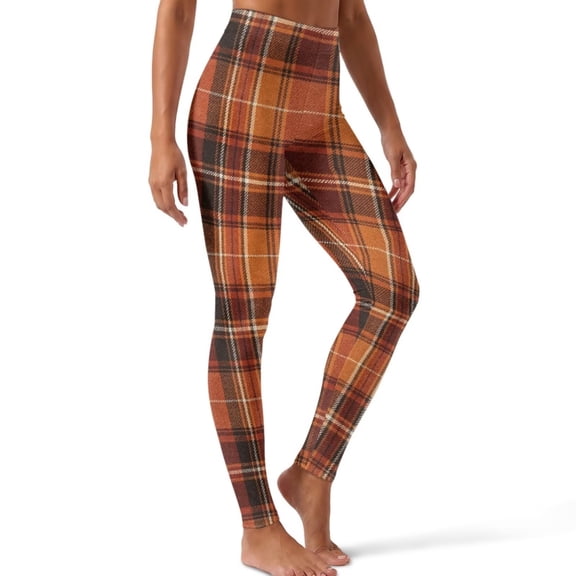 SCRAWLGOD Women's High Waisted Leggings Soft Yoga Pants Orange Brown Plaid Buttery Soft, Tummy Control, Butt Lifting, No See Through, 4-Way Stretch, for Pilates Gym Errands, X-Small