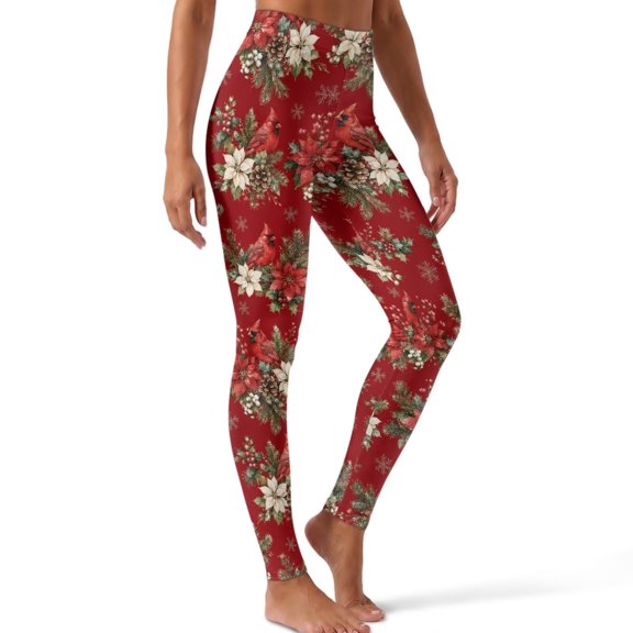 SCRAWLGOD Women's Lightweight Leggings Yoga Pants Holly Cardinal Bird Red Christmas Leggings, Sport Leggings, High Rise, Tummy Control, Butt Lifting, Printed, for Casual Wear, Medium