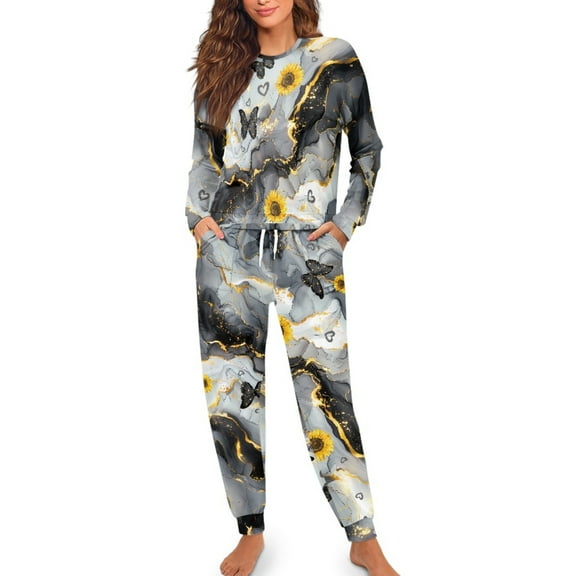 SCRAWLGOD Women's Long Sleeve Pajamas Sets Soft Sleepwear with Pockets Drawstring, 2 Piece Pjs Lightweight Wrinkle-Free Lounge Set with Elastic Band, Marble Print Sunflower Butterfly, M