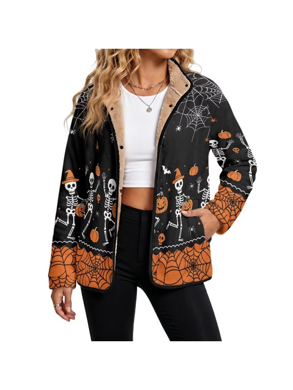 Women's Sherpa Lined Jacket Fleece Outerwear Funny Skeleton Cobweb Long Sleeve Halloween Fuzzy Coat, Snap Closure, Mock Neck Outerwear, Y2K Open Front Clothing, for Vacation, Medium