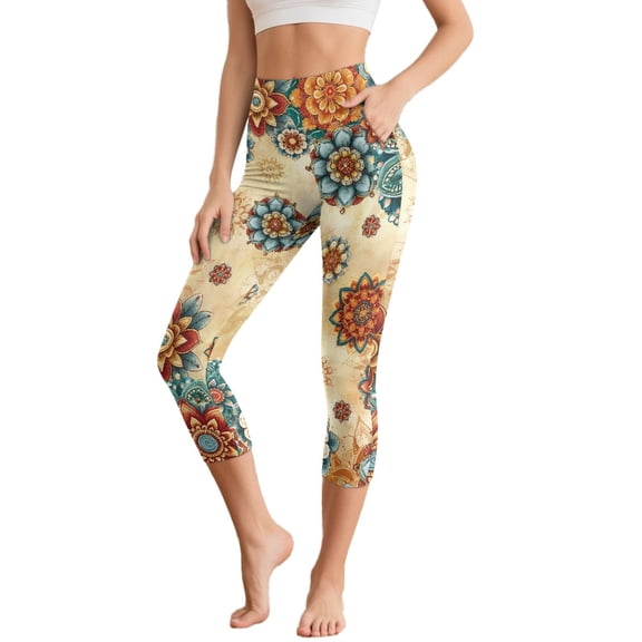 SCRAWLGOD Women's Soft Capri Leggings, High Waist Non-See-Through Yoga Pants Leggings with Pockets, Lightweight Breathable Tummy Control Capri Tights, Bohemian Flower Blue Beige, XXL