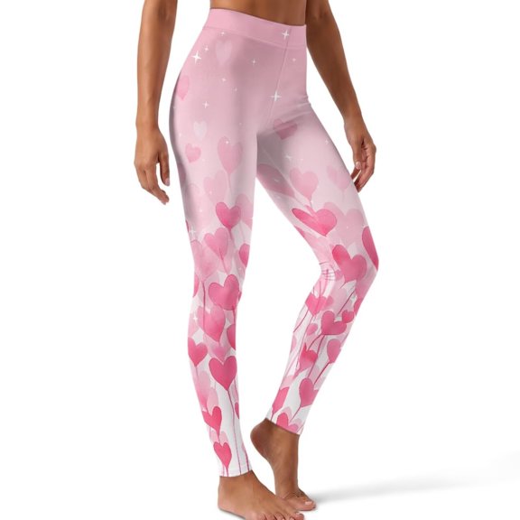SCRAWLGOD Women's Soft Lightweight Leggings Yoga Pants Pink Heart Balloon Fitness Clothing, Sport Leggings, High Rise, Tummy Control, Butt Lifting, Printed, for Casual Wear, Medium