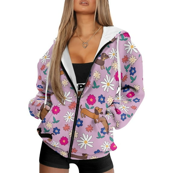 SCRAWLGOD Women's Stylish Full Zipper Hoodies Loose Fit Casual Sweatshirt Pockets Drop Shoulder Cardigan Sporty Autumn Winter Fashion Essentials, Dachshund Hippie Flower White Pink Leaf, XXL
