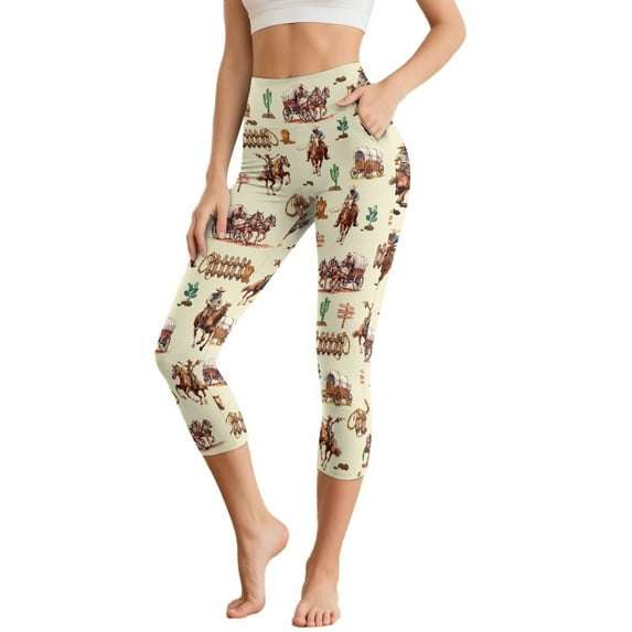 SCRAWLGOD Women's Workout Capri Leggings with Pockets, Breathable Elastic Yoga Pants Leggings Squat Proof High Waisted Gym Athletic Yoga Lounge Tights, Horse Cowboy Fence Cactus Beige, S