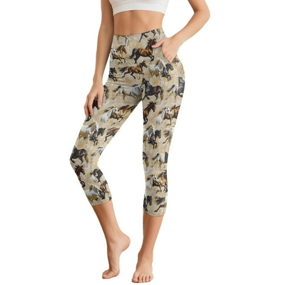 SCRAWLGOD Women's Workout Capri Leggings for Women with Pockets Lightweight High Waisted Yoga Leggings for Running Pants Yoga Gym Casual Summer, Vintage Running Horse Print, XXL