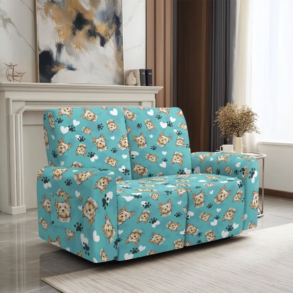 SCRAWLGOD Yorkshire Terrier Paw Print Recliner Loveseat Cover Stretch Anti Slip Recliner Cover with Pocket Heart Print Anti Scratch Reclining Slipcover for Dogs