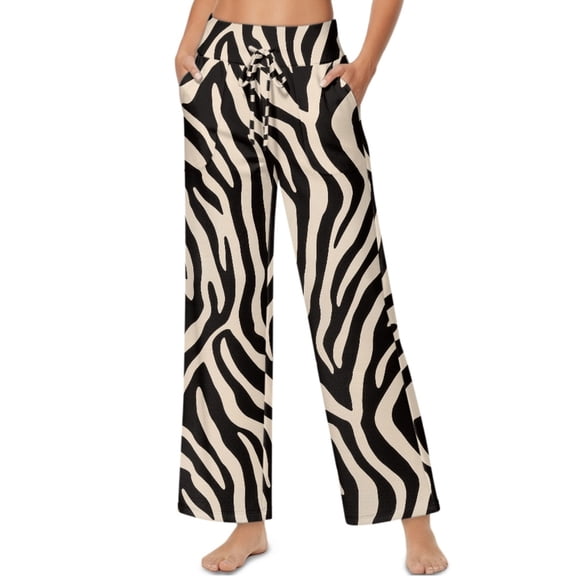 SCRAWLGOD Zebra Print Beige Black Womens High Waist Pants Lightweight Drawstring Wide Leg Trousers Comfortable Stretchable Casual Slacks with Side Pockets, XXL