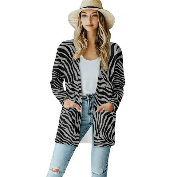 SCRAWLGOD Zebra Print Cardigan Jacket for Women Lightweight Jacket with Pockets Long Sleeve Open Front Long Cardigans for Women Office Size L Washable Women Clothing Trendy