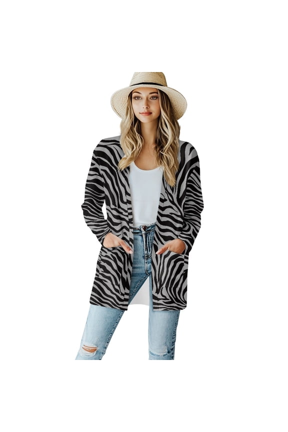 Zebra Print Cardigan Jacket for Women Lightweight Jacket with Pockets Long Sleeve Open Front Long Cardigans for Women Office Size XL Washable Women Clothing Trendy