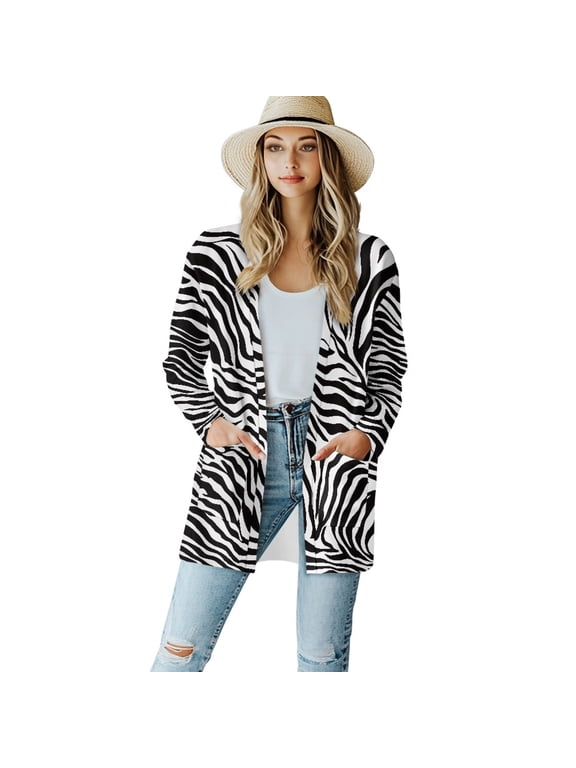 Zebra Print Dressy Cardigans for Women Trendy Lightweight Graphic Sweatshirt Size M Long Sleeve Womens Sweater Jackets Casual Elastic Long Printed Cardigan Women Party