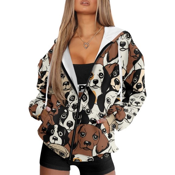 SCRAWLGOD Zip Up Hoodies for Women Polyester Elastic Sweater Comfortable Trendy Cardigan with Drop Shoulder Design for Family Gatherings, Shopping, Dachshund Brown White Beige Spot, M
