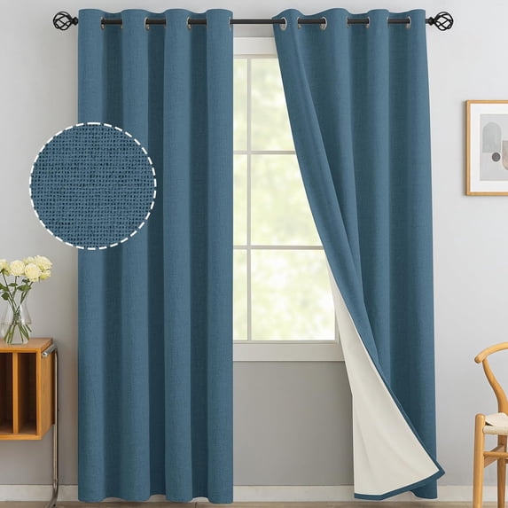 Yakamok 100% Blackout Dusty Blue Send Linen Curtains 90 Inches Long for Living Room, Room Darkening Textured Curtains for Bedroom with White Liner 2 Panels