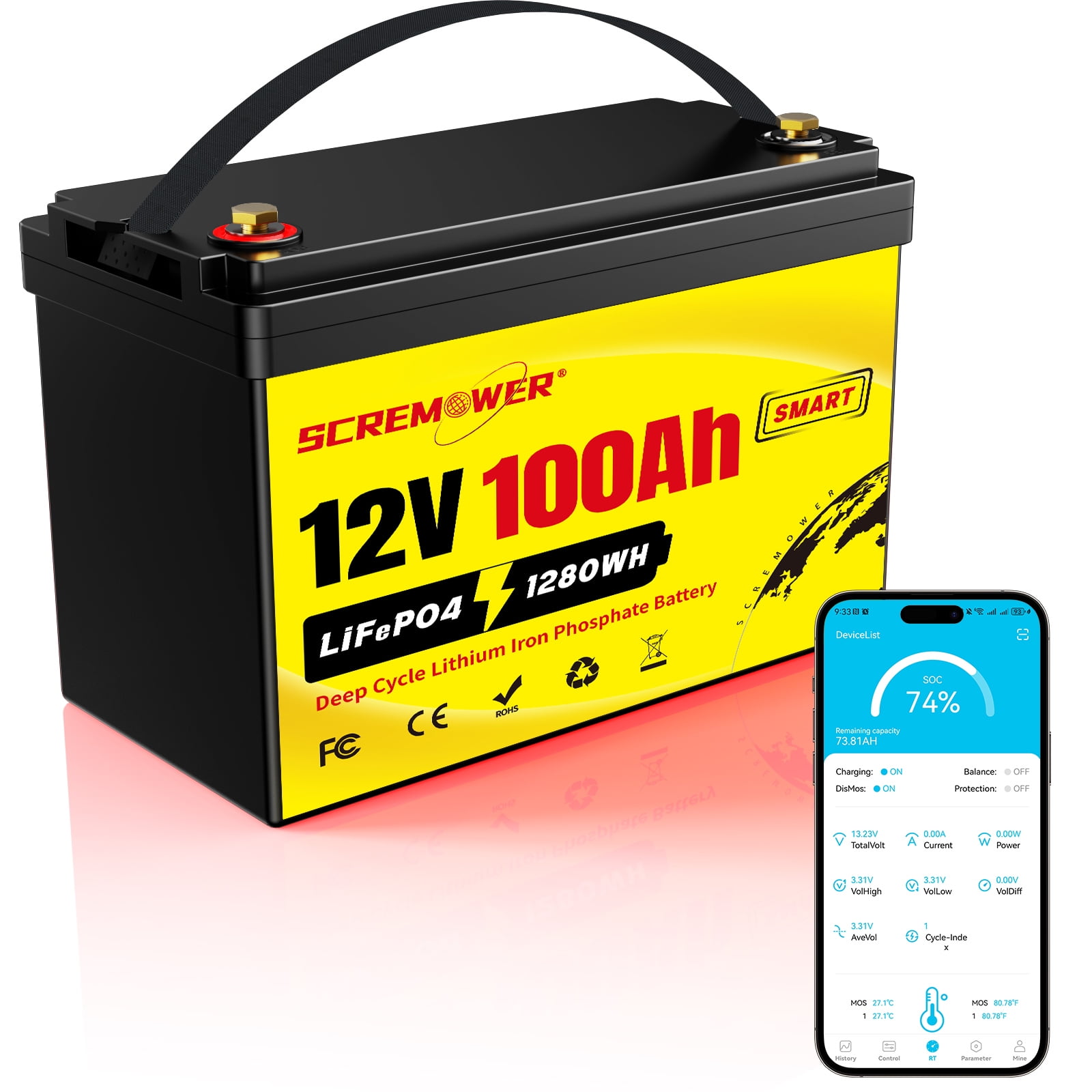 SCREMOWER 12V 100AH LiFePO4 Lithium Battery, Deep Cycles 100A BMS for RV,Golf Cart,Camping,Solar