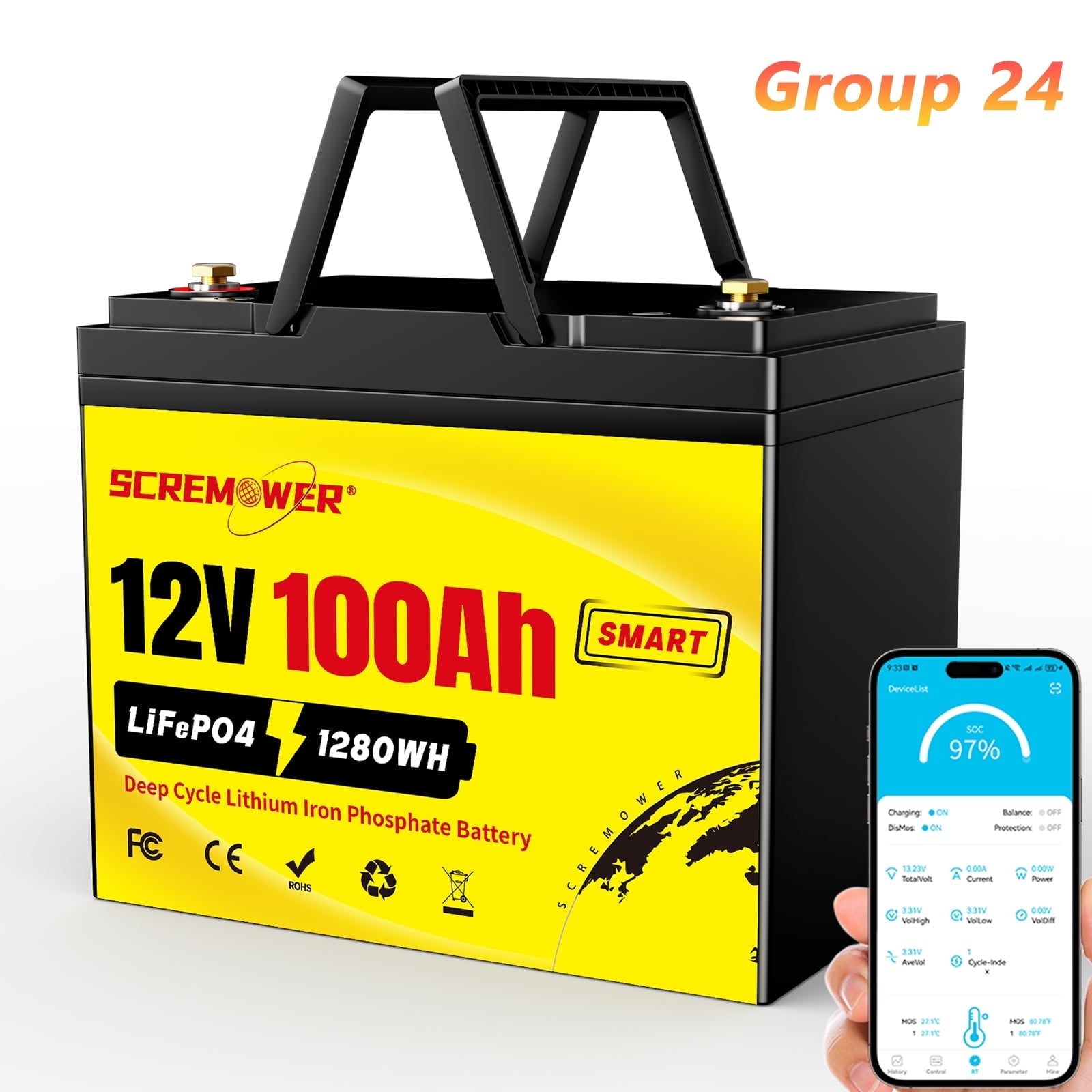 SCREMOWER 12V 100Ah LiFePO4 Battery Bluetooth, Lithium RV Batteries 100A BMS for Solar Trolling Motors Boat Marine