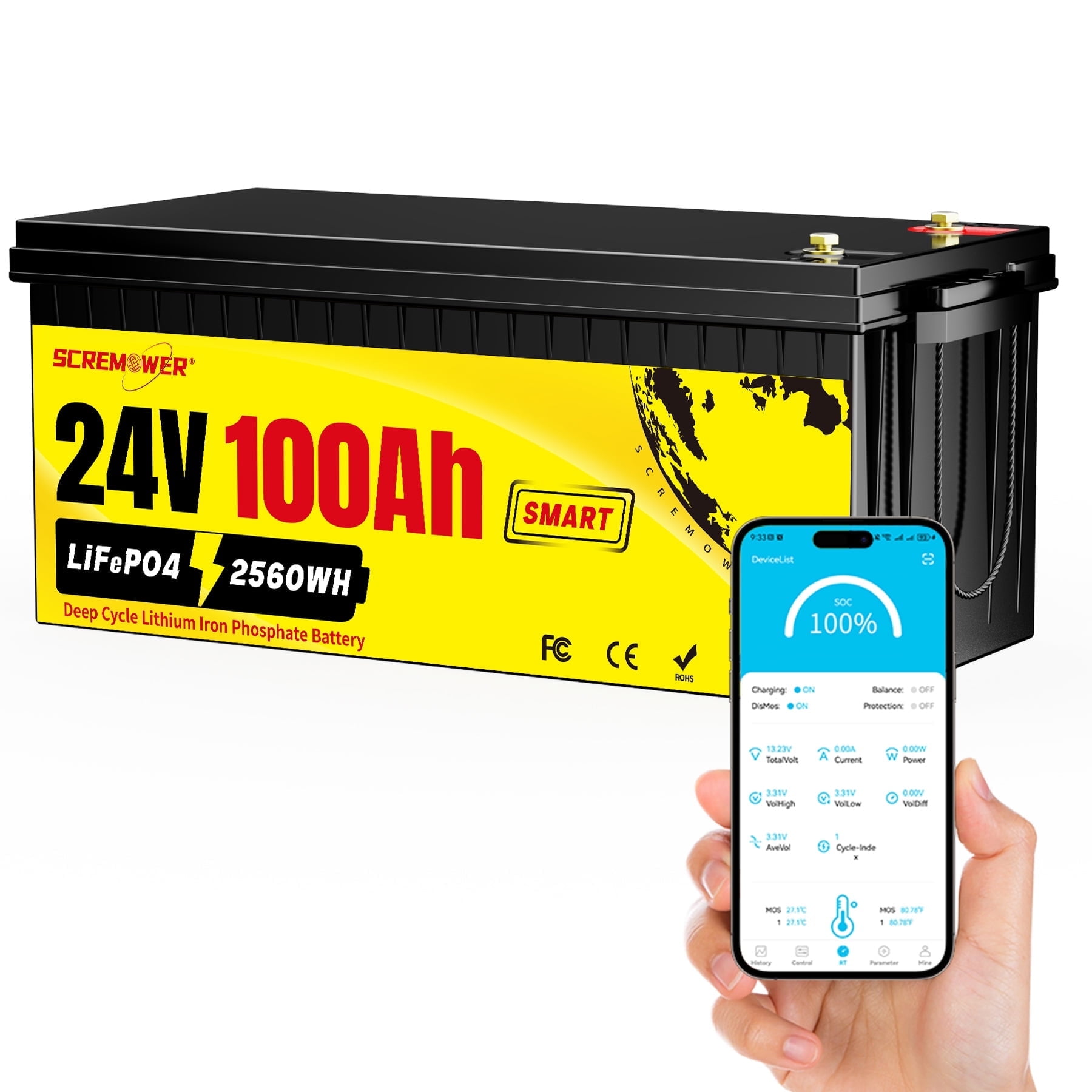 SCREMOWER 24V 100Ah LiFePO4 Battery Bluetooth, 100A BMS 2560Wh RV Lithium Battery for Solar, Trolling Motor,Marine,Camper