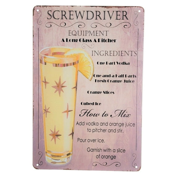 SCREWDRIVER 12" x 8" Popular Cocktails and Drink Mix Recipes Menu Metal Sign