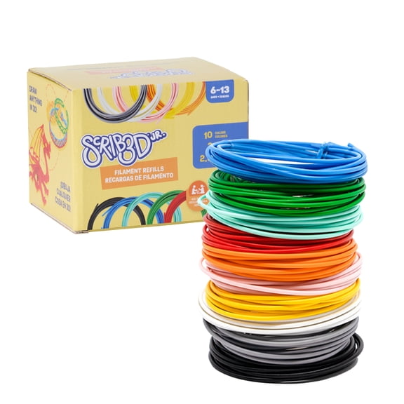 SCRIB3D Junior 3D Printing Pen Filament Refills, 2.5 mm PCL, BPA-Free & Non-Toxic, 10 Colors, 10 Spools (9.8 ft Each)