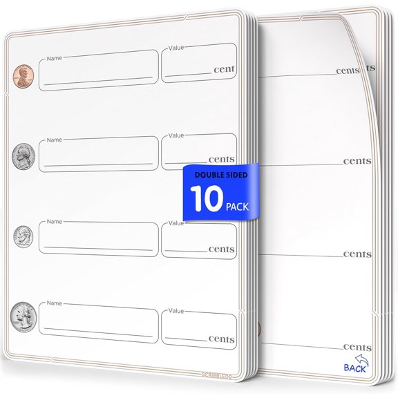 SCRIBBLEDO Coin Practice 9x12 Small White Board Dry Erase Sheets Math Manipulatives 2nd Grade Money Learning Homeschool Supplies Teacher Students Classroom Pack of 10 Sheets