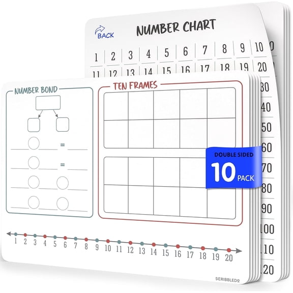 SCRIBBLEDO Number Bonds 9x12 Small White Board Dry Erase Sheets Math Manipulatives Number Chart Ten Frame Number Line Math Supplies Teacher Students Classroom Pack of 10 Sheets