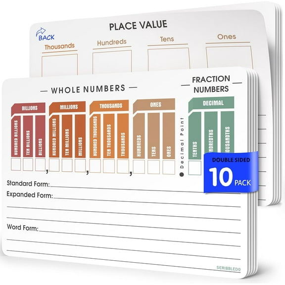 SCRIBBLEDO Place Value Chart Math Practice 9x12 Small White Board Dry Erase Sheets Math Manipulatives Math Supplies Homeschool Teacher Students Classroom Pack of 10 Sheets