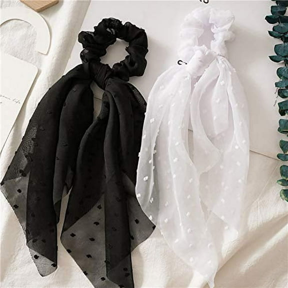 SCRMROIA 3 Packs Scarf Scrunchies, Polka Dot Daisy Flower Hair Scarf Scarves, Satin Silk Long Tails Scrunchy, Bowknot Hair Bands, Elastics Ponytail Holder, Donut Hair Ties for Women Girls (Style 1)