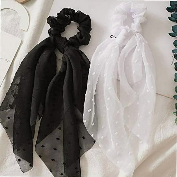 SCRMROIA 3 Packs Scarf Scrunchies, Polka Dot Daisy Flower Hair Scarf Scarves, Satin Silk Long Tails Scrunchy, Bowknot Hair Bands, Elastics Ponytail Holder, Donut Hair Ties for Women Girls (Style 1)