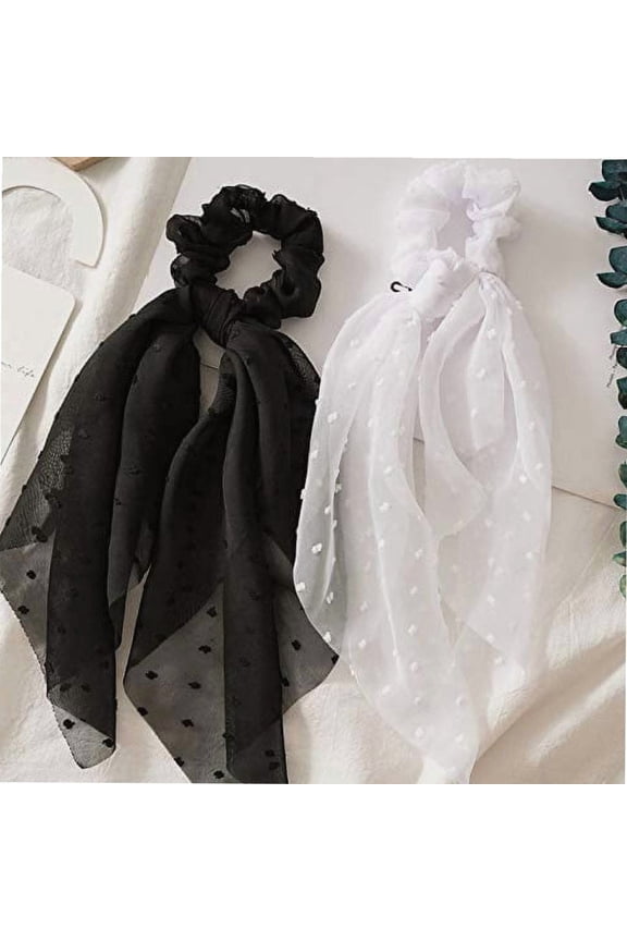 SCRMROIA 3 Packs Scarf Scrunchies, Polka Dot Daisy Flower Hair Scarf Scarves, Satin Silk Long Tails Scrunchy, Bowknot Hair Bands, Elastics Ponytail Holder, Donut Hair Ties for Women Girls (Style 1)