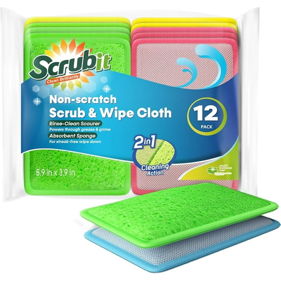 SCRUBIT Cleaning Pads Dual Sided Scouring Pad and Dish Sponge for Utensils and Cookware, 12 Pack