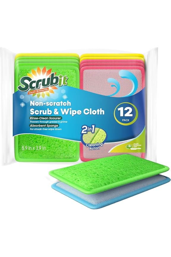 Cleaning Pads Dual Sided Scouring Pad and Dish Sponge for Utensils and Cookware, 12 Pack