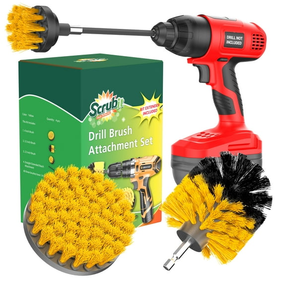 SCRUBIT Drill Brush Attachment Set - Power Scrubber Tile and Grout Tool - Use for Kitchen, Shower, Bathtub and Floor Surface - All Purpose Household Cleaning Kit Includes 3 Brushes with A Bit Extender