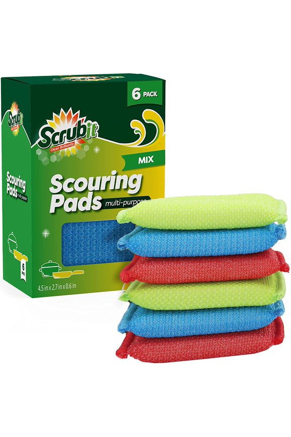 Multi-Purpose Scouring Pad - Non-Scratch Cleaning Sponges for Pots, Pans, Dishes, Utensils & Non-Stick Cookware - Scrubbing Pads Use for Kitchen, Bathroom & More - 6 Pack (Blue, Red, Green)