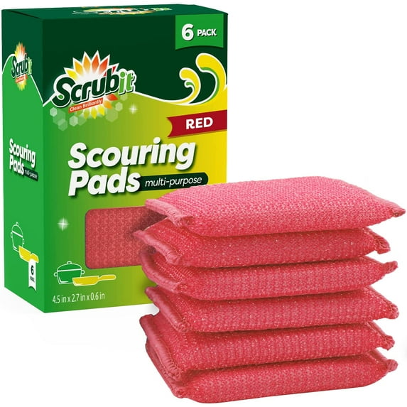 SCRUBIT Multi-Purpose Scouring Pad - Non-Scratch Cleaning Sponges for Pots, Pans, Dishes, Utensils & Non-Stick Cookware - Scrubbing Pads Use for Kitchen, Bathroom & More - 6 Pack (Red)