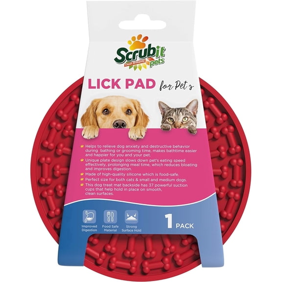 SCRUBIT Pet Lick Mat Peanut Butter Licking Pad and Anxiety Distraction Slow Feeder for Cats and Dogs, Red