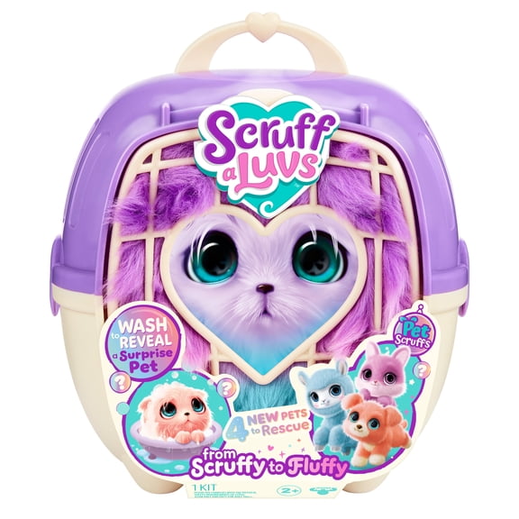 ScruffaLuvs Pet Scruffs Mystery Plush, 7.5" Tall, Wash to Reveal 1 of 4 Rescue Pets, Puppy, Kitty, Bunny, Llama, Includes 8.7" Deluxe Carrier, Ages 2+