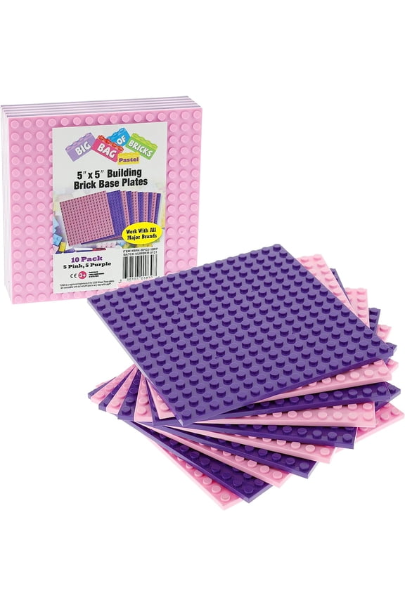 Brick Building Blocks Base Plates - 5"x5" Pink & Purple Set of 10 - Dual Side Connectivity - Compatible & Tight Fit w All Major Brands - Gift for Kids, Boys & Girls