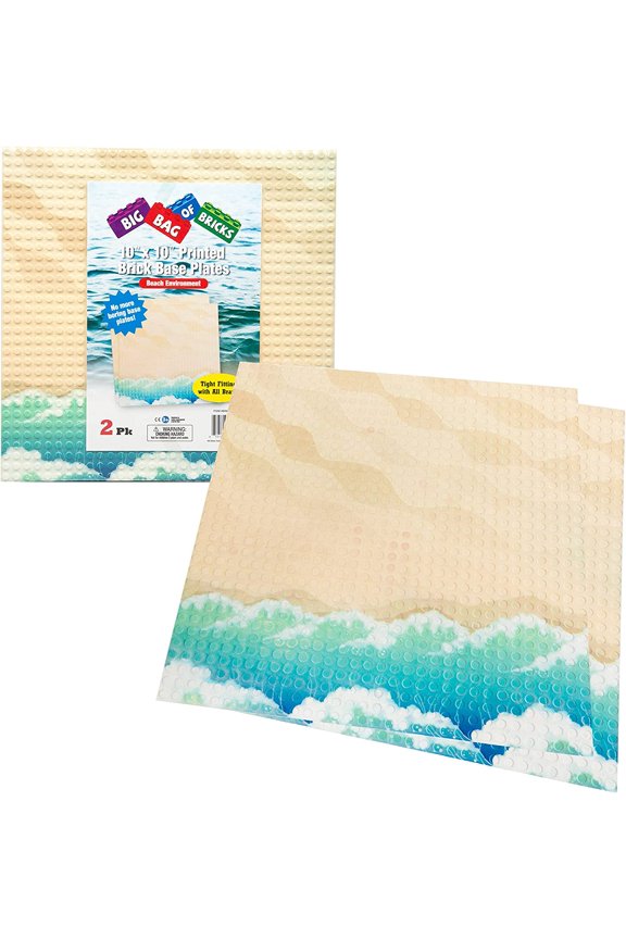 Brick Building Base Plate with Beach Pattern - Large 10x10" Dual Sided Beach Base Plates (2 Pack) for Activity Table