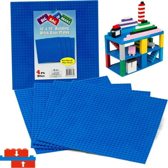 Classic Baseplates for Building Bricks- Set of 4 Large Blue 10"x10" Building Plates-Compatible w All Major Brands-Great for Activity Tables & STEM Learning- Gift for Kids, Boys & Girls