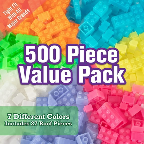 SCS Direct Building Block Bricks- Set of 500 Pc Bulk- 7 Glow in The Dark Colors with 27 Roof Pieces- Compatible & Tight Fit with Major Brands- Great Activity Table, School Projects, Gift Idea