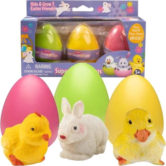 SCS Direct Super Grow Easter Eggs for Kids 3 Pack- Hatch and Grow - Three Different Pets That Grow 5-6x Size- Bunny, Duck and Chick