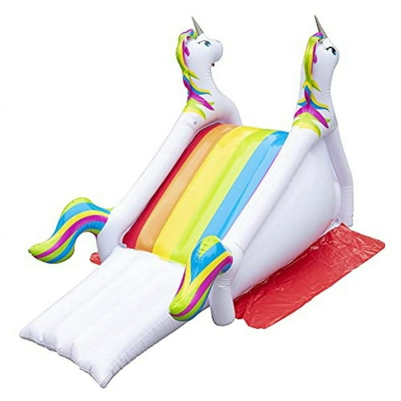 SCS Direct Giant Inflatable Pool Water Slide with Built-in Side Sprinklers (98x 51x 51) - Rainbow Unicorn Pool Raft for Summer, Parties, Endless Fun