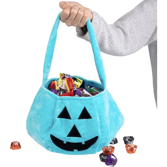 SCS Direct Halloween Teal Halloween Pumpkin Fabric Trick or Treat Tote- Soft Canvas Candy Bag 8" x 8" Kids Light Blue Allergy Friendly Awareness