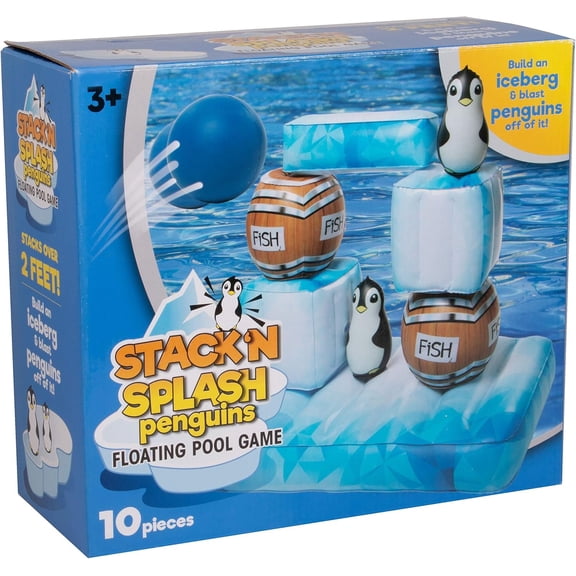 SCS Direct Inflatable Swimming Pool Game - Floating Stack 'N Splash Penguins - Build It, Aim, Knock It Down - 10pc Set Including 2 Balls